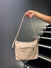 Krem Fermuarlı Bucket Omuz Çantası