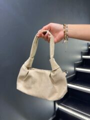 Süet Krem Rengi Mini Zincirli El ve Omuz